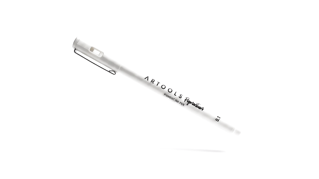 Caneta branca flutuando, apresentada como objeto de criação.